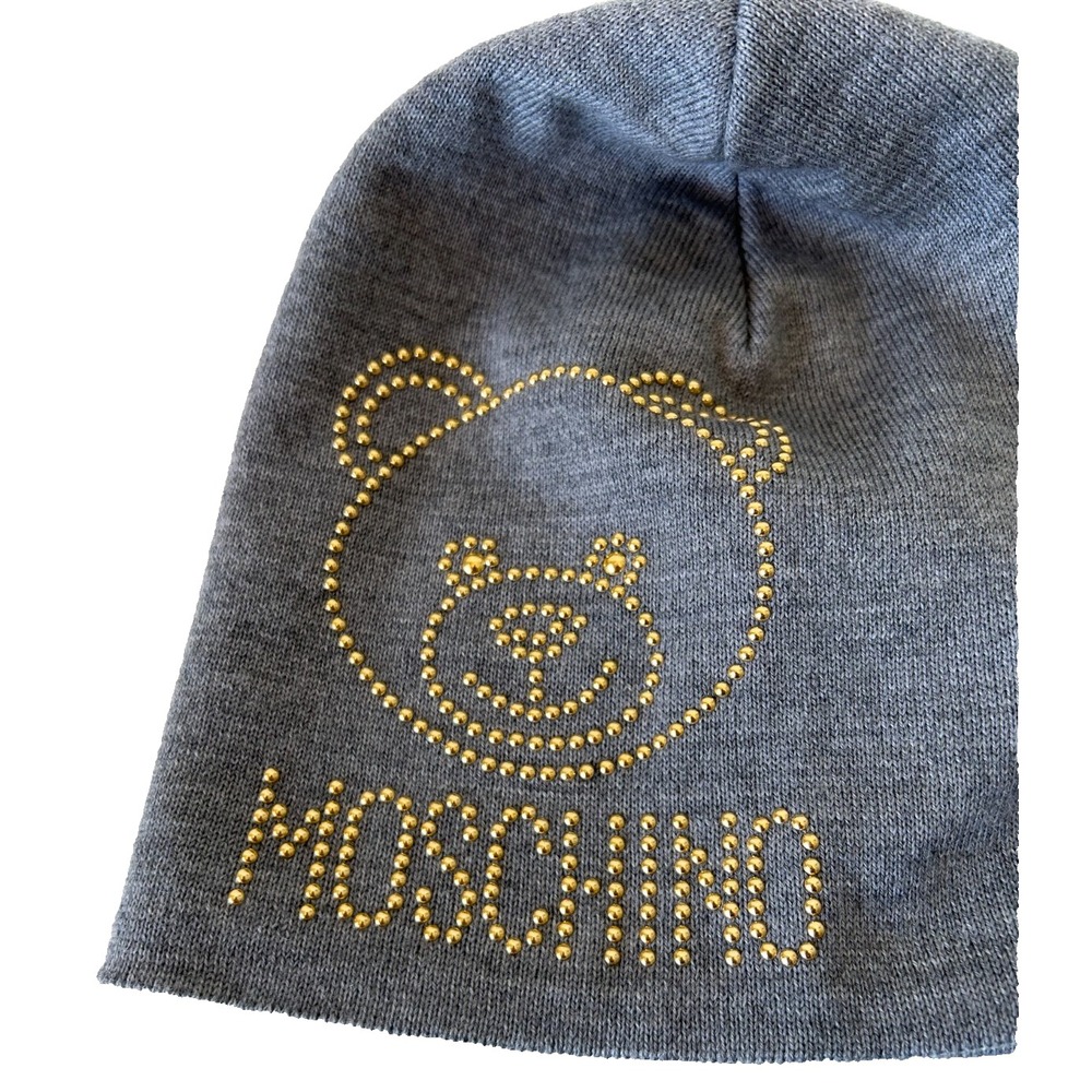 Moschino Teddy Bear Gold Studded 100% Lana Wool Beanie Hat Gray Knit NWOT